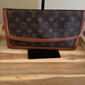 Louis Vuitton Monogram Canvas Clutch with Tan Leather Trim